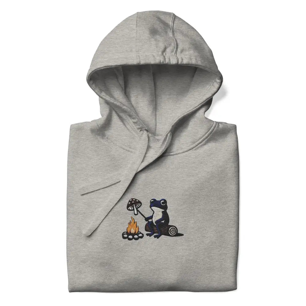 Folded grey Mushroom Roasting Unisex Hoodie with frog embroidery