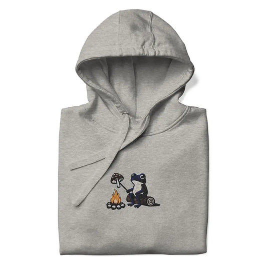 Folded grey Mushroom Roasting Unisex Hoodie with frog embroidery