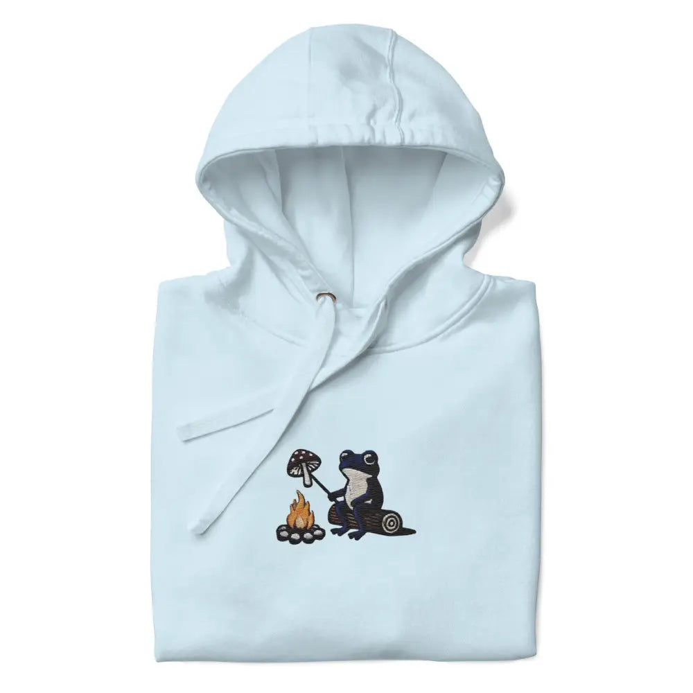 Light blue Trini Skies hoodie with frog mushroom roasting design