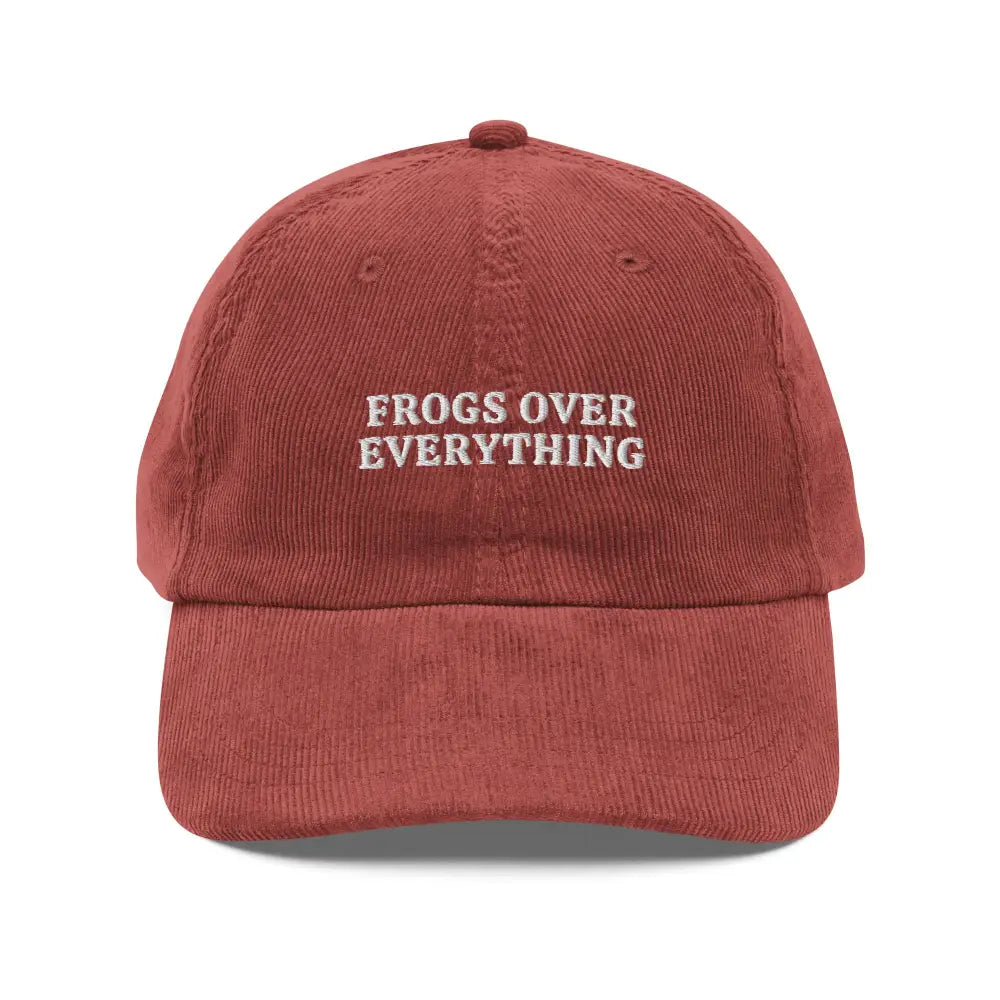 Red embroidered vintage corduroy cap with FROGS OVER EVERYTHING, Trini Skies