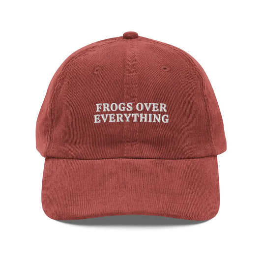Frogs Over Everything Embroidered Vintage Corduroy Cap Frog Hat - Burgundy - Hats red corduroy baseball cap frogs 1