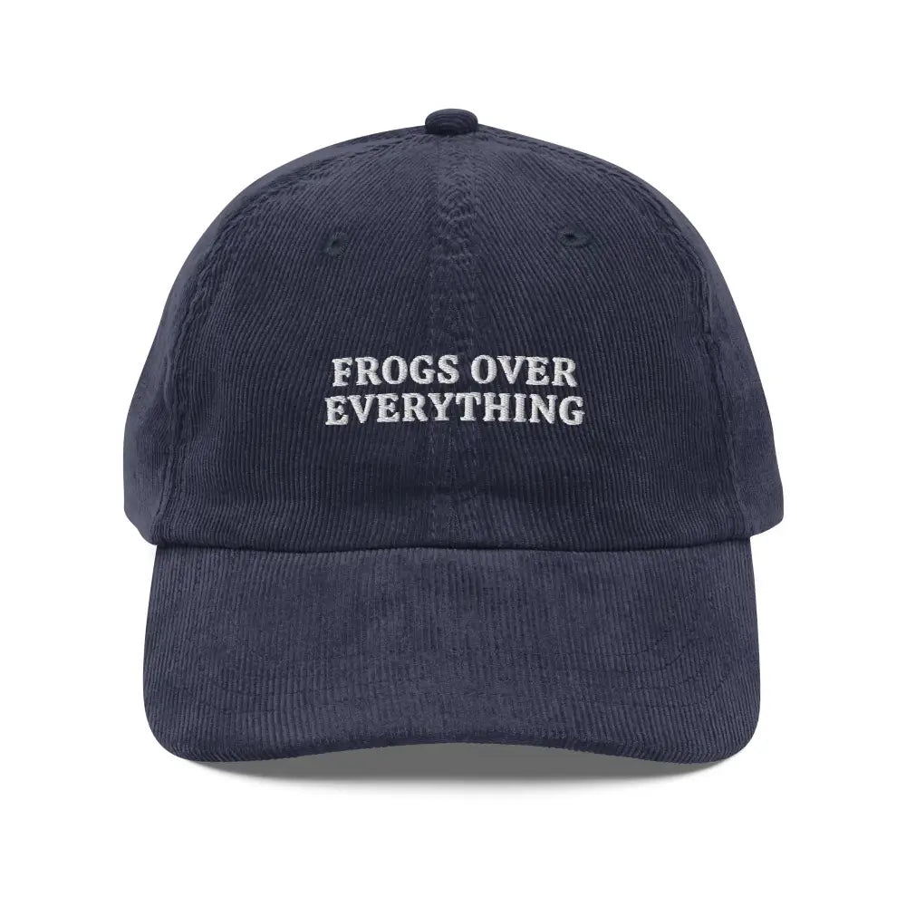 Dark blue Trini Skies embroidered vintage corduroy cap with Frogs Over Everything