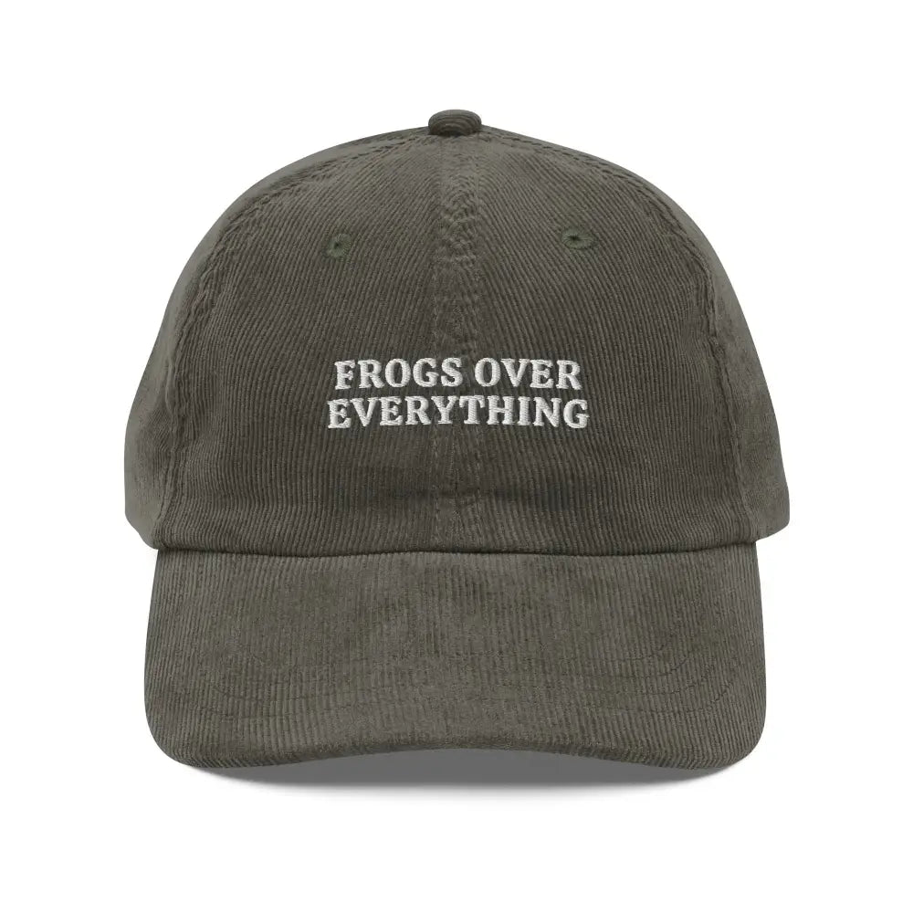 Frogs Over Everything Embroidered Vintage Corduroy Cap Frog Hat - Olive - Hats olive green corduroy baseball cap 5