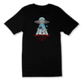 Black UFO graphic tee with abduction humor and alien text
