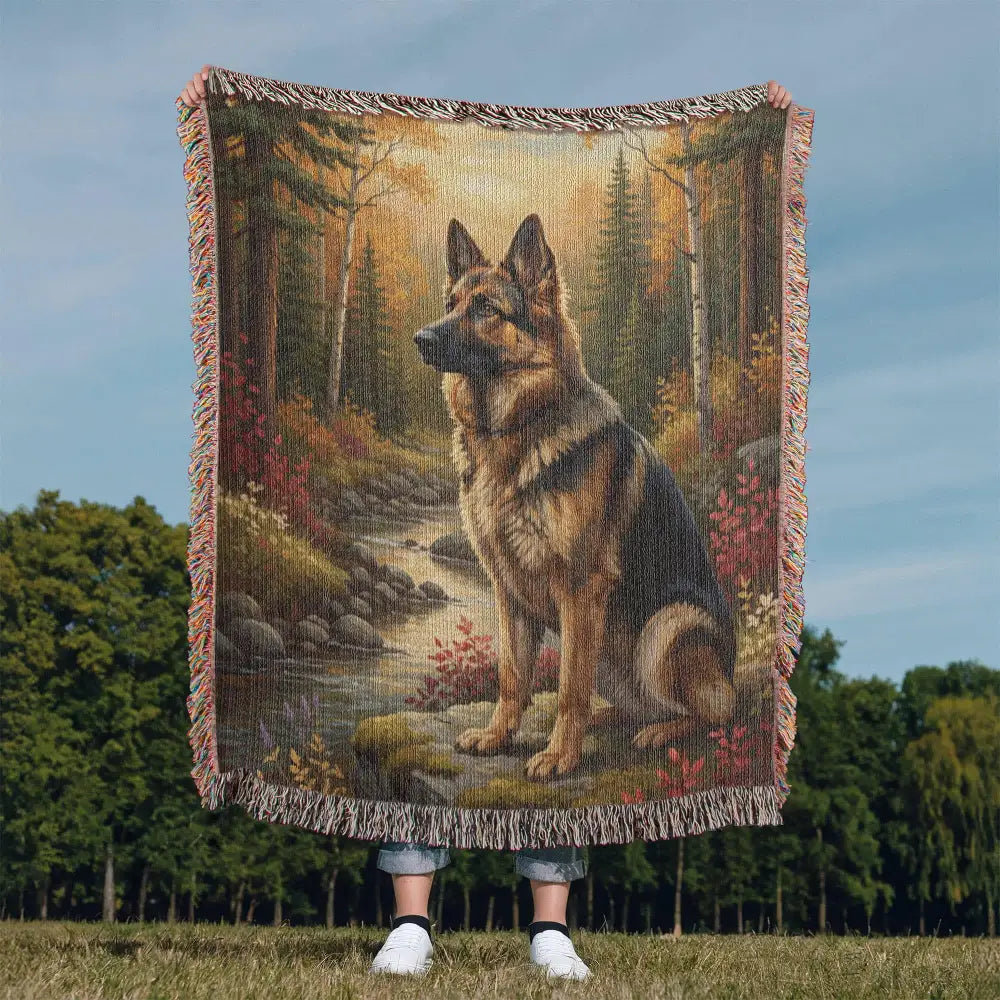 Woven cotton wilderness blanket: German Shepherd by the creek in autumn forest