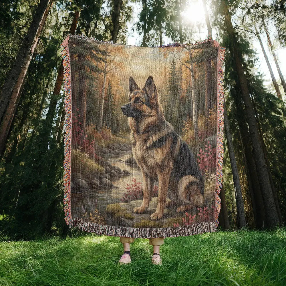 Woven cotton wilderness blanket with German Shepherd by creek portrait