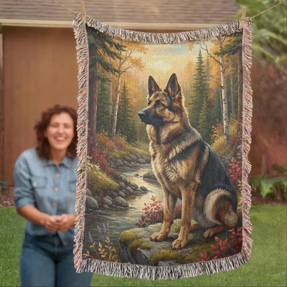 Woven cotton wilderness blanket of German Shepherd by creek in autumn forest
