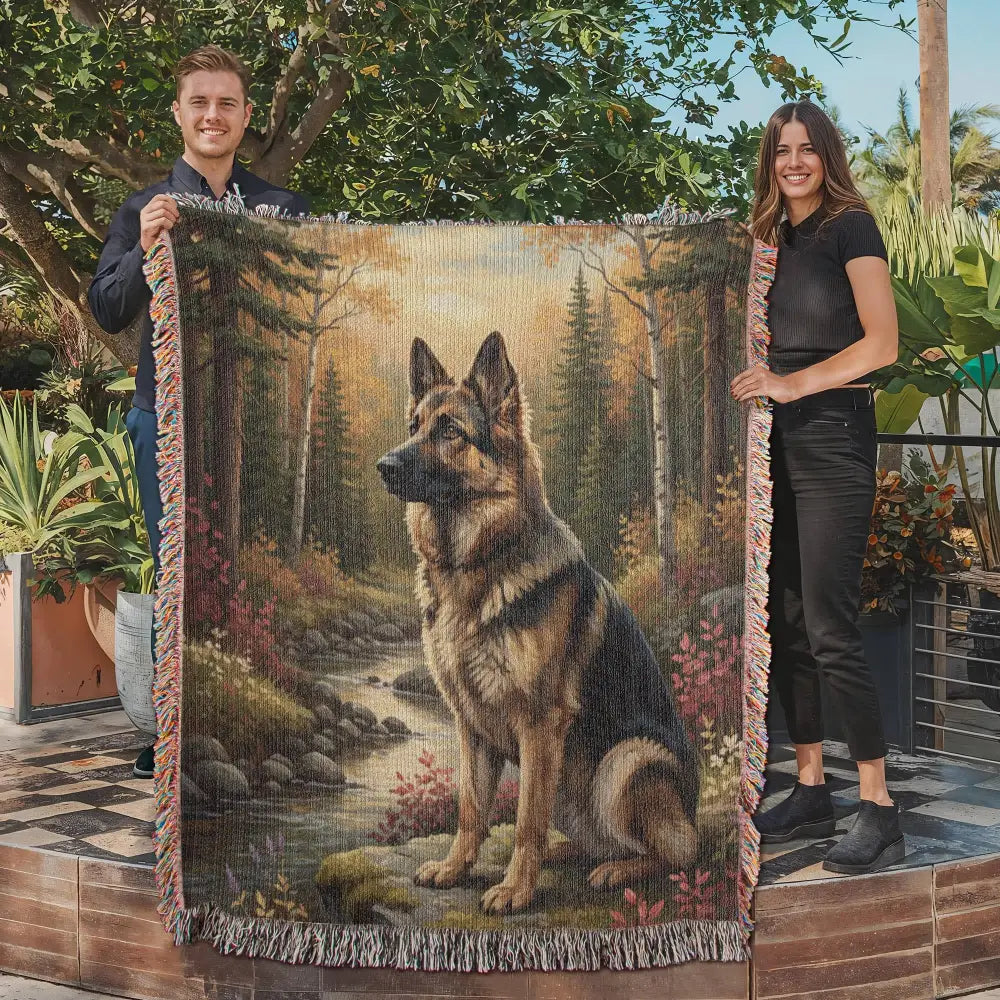 Woven cotton wilderness blanket: German Shepherd by creek portrait tapestry
