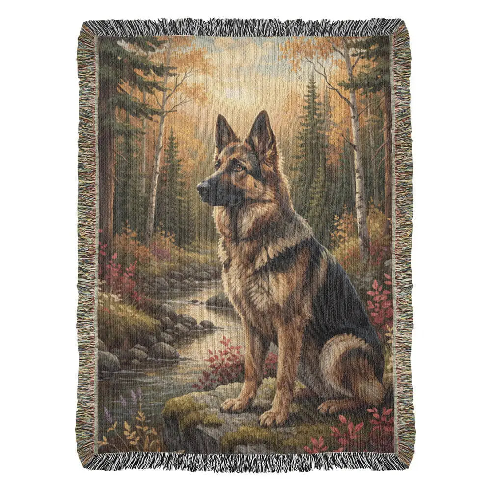 Woven cotton wilderness blanket of German Shepherd by creek in autumn forest