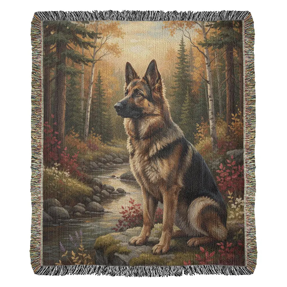Woven cotton wilderness blanket of German Shepherd by creek in autumn forest