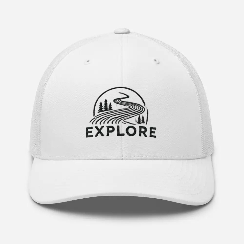 White Trini Skies embroidered trucker cap with Explore design