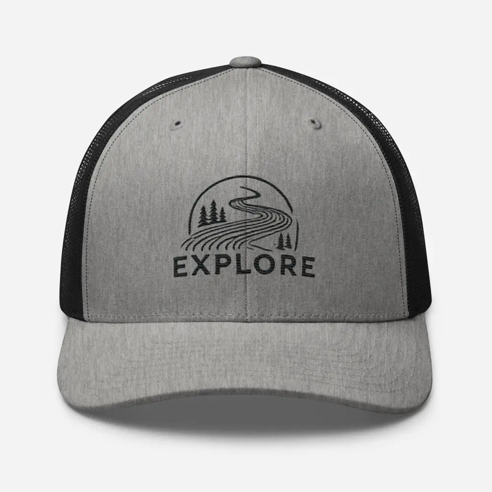 Embroidered Trini Skies outdoors trucker hat with Explore nature graphic
