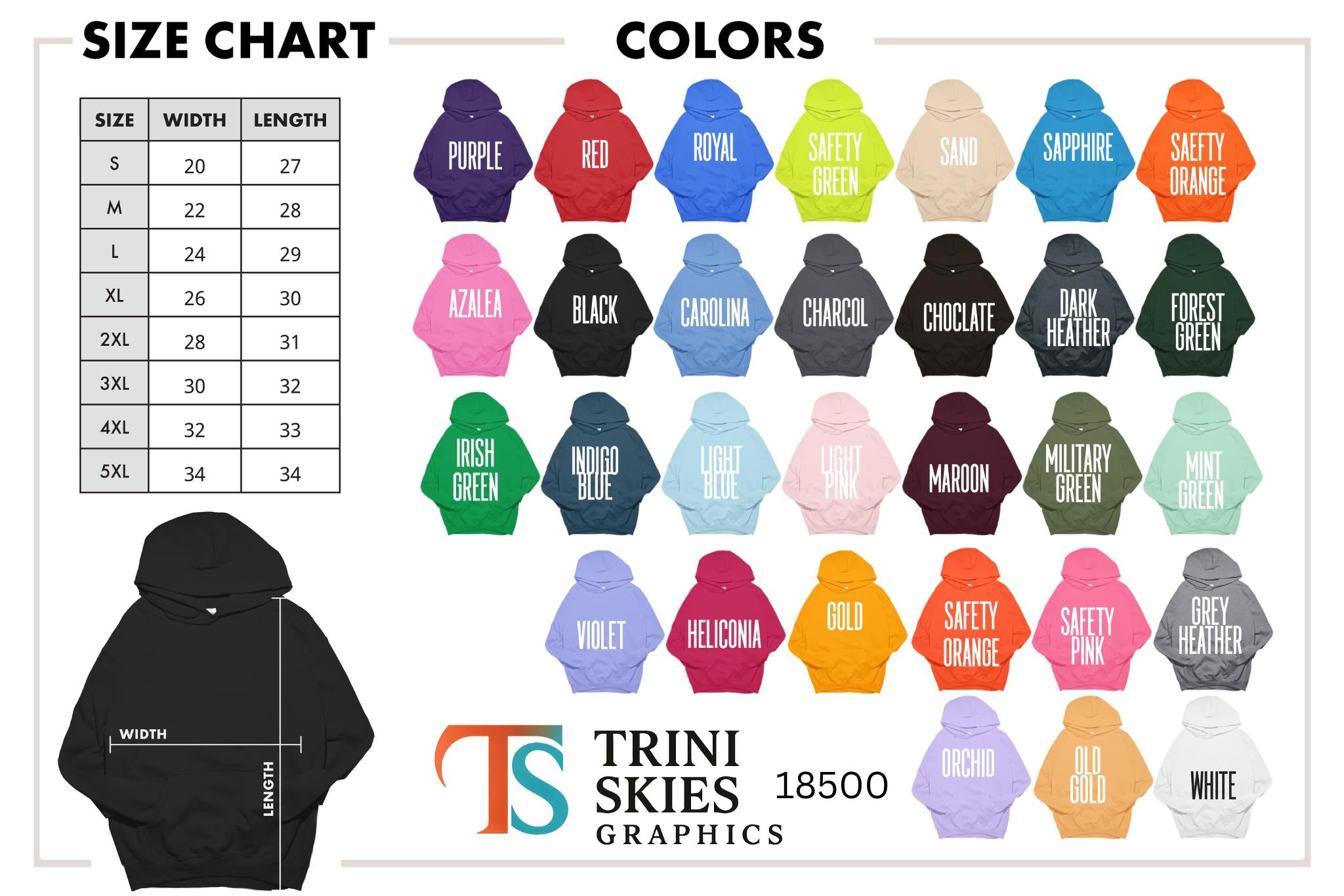 Black whale shark hoodie with hood, drawstrings and size chart