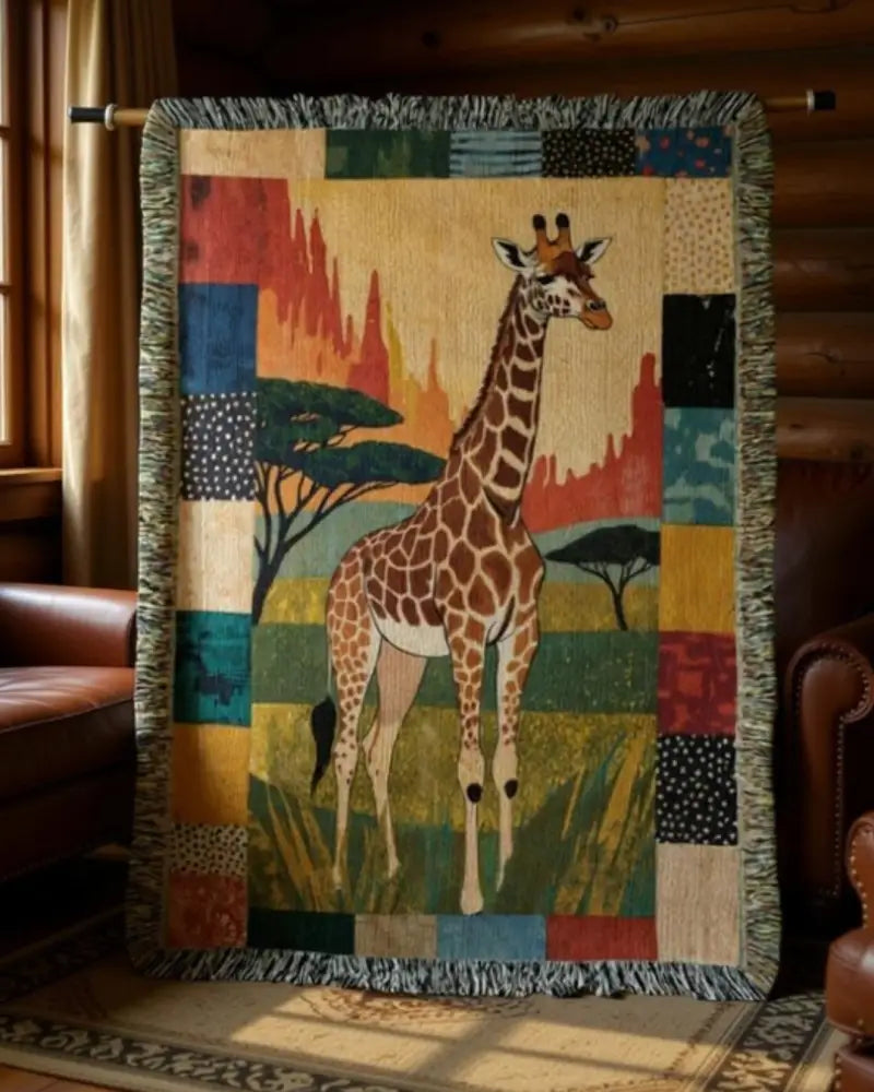 Giraffe woven blanket art textile throw in savanna scene with patchwork border