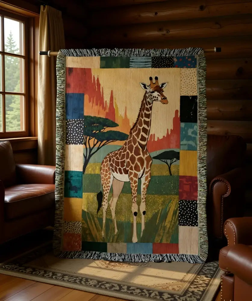 Giraffe woven blanket art textile throw with savanna patchwork