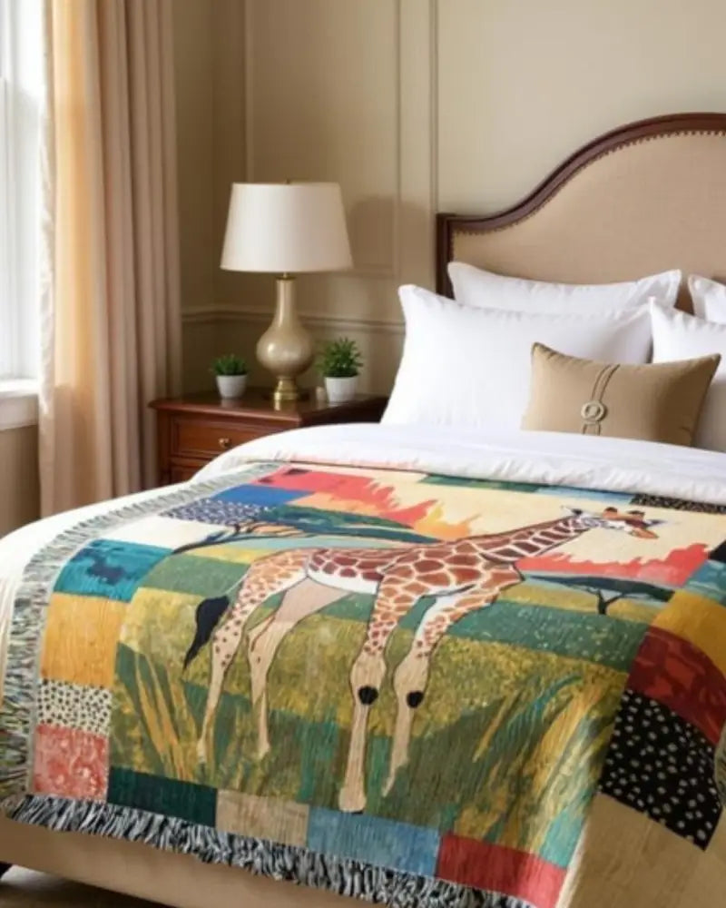 Vibrant giraffe woven blanket with savanna patchwork art textile throw