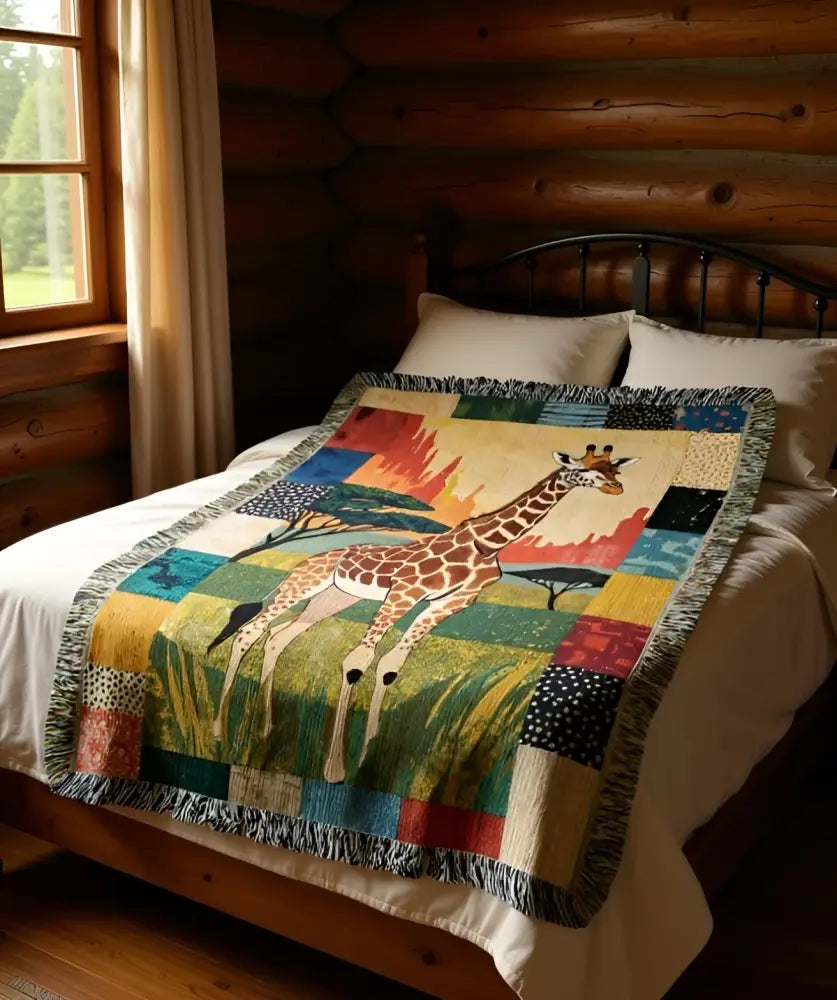 Colorful giraffe woven blanket, art textile throw with patchwork savanna design