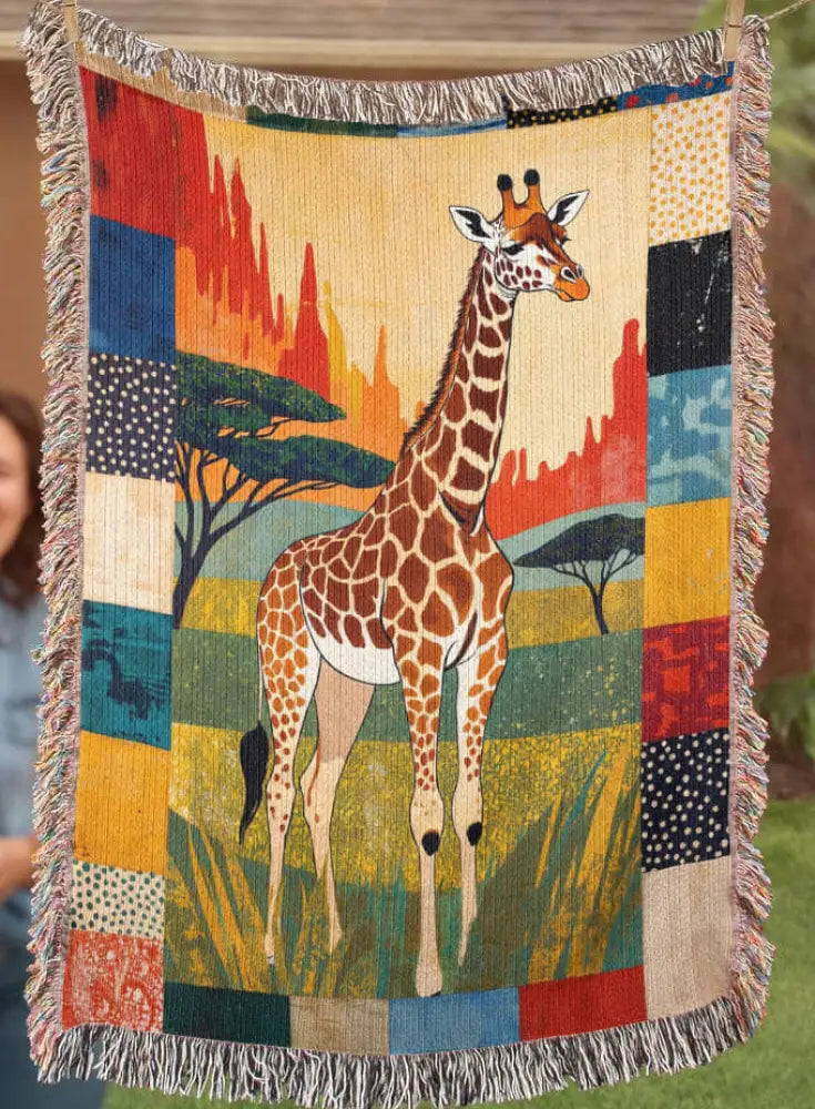 Colorful giraffe woven blanket with savanna patchwork art textile throw