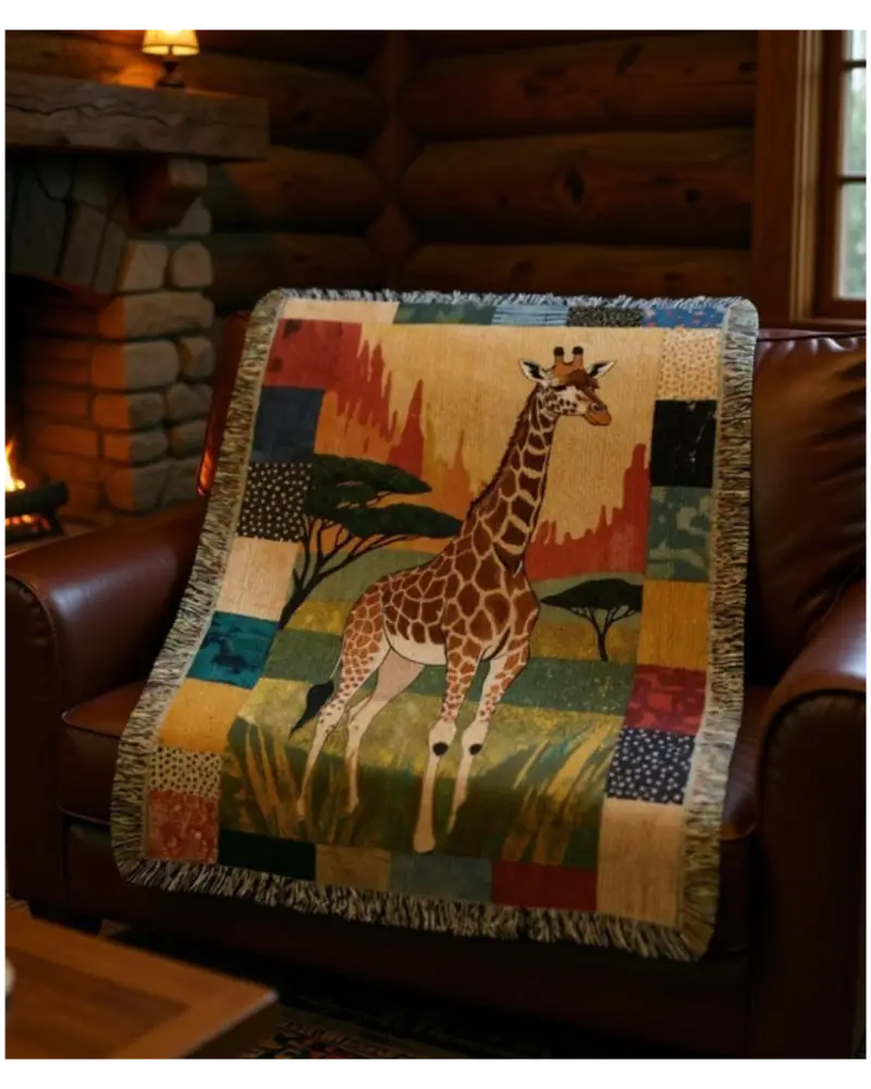 Giraffe woven blanket art textile throw with patchwork border