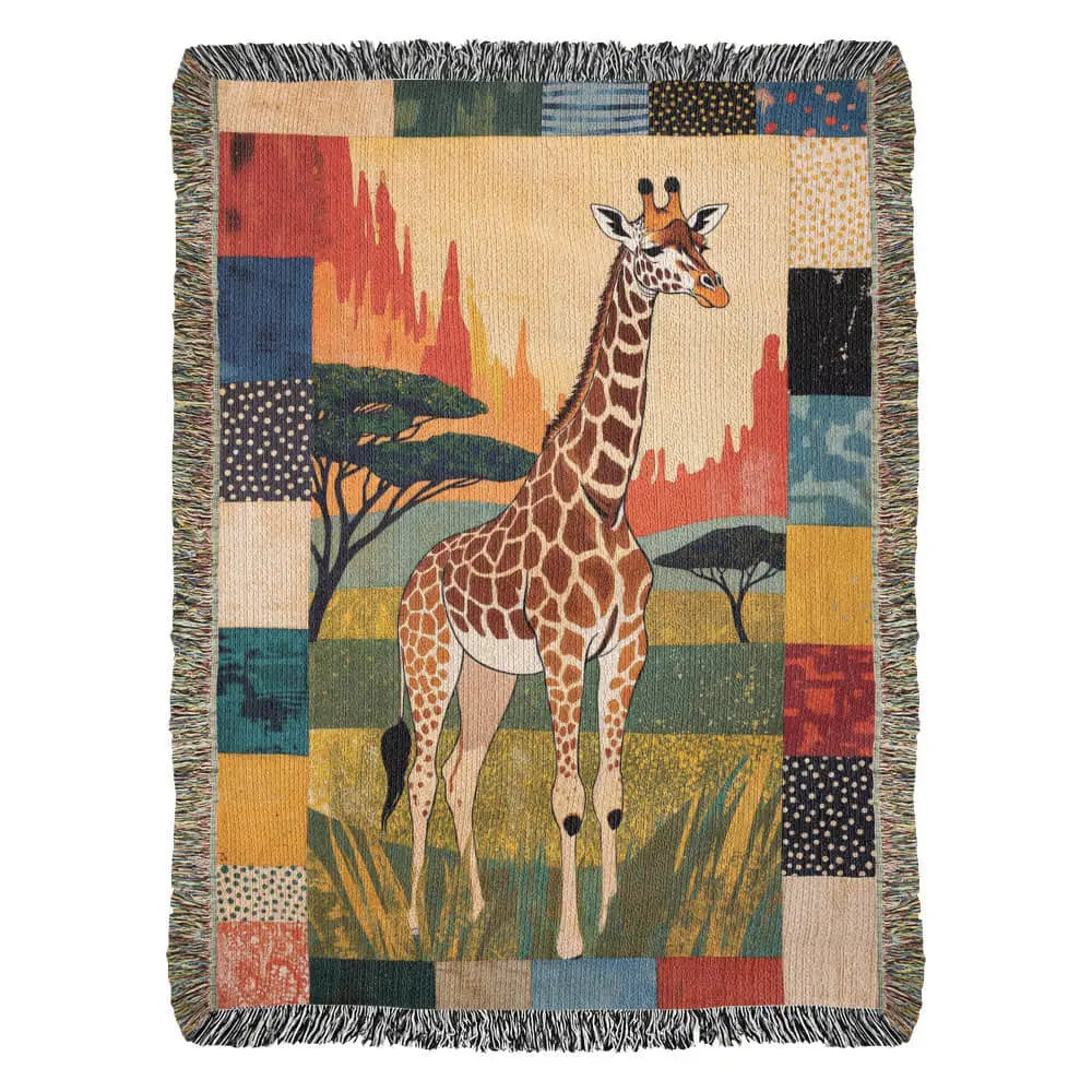 Giraffe woven blanket: detailed savanna tapestry art textile throw