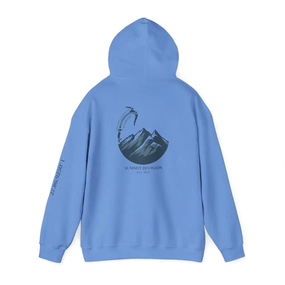 Light blue Everest Hoodie in Glacier Edition with mountain ice axe graphic