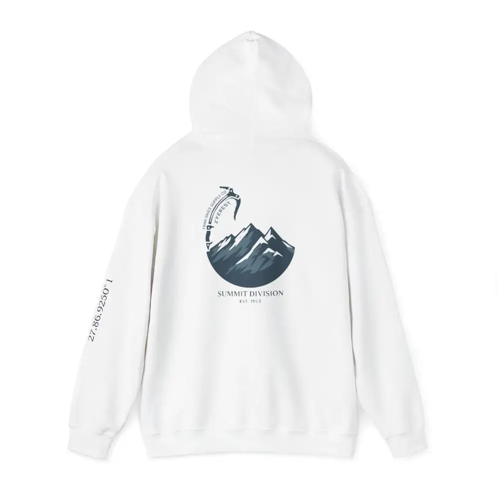 Everest Hoodie Glacier Edition with mountain graphic and ice axe on back