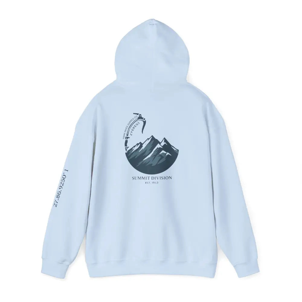 Light blue Everest Hoodie with glacier edition mountain and ice axe graphic