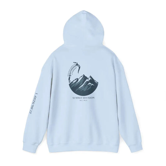 Light blue Everest Hoodie with glacier edition mountain and ice axe graphic