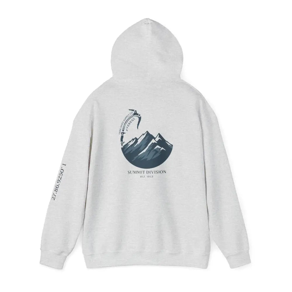 Light gray Everest Hoodie in Glacier Edition with mountain ice axe graphic