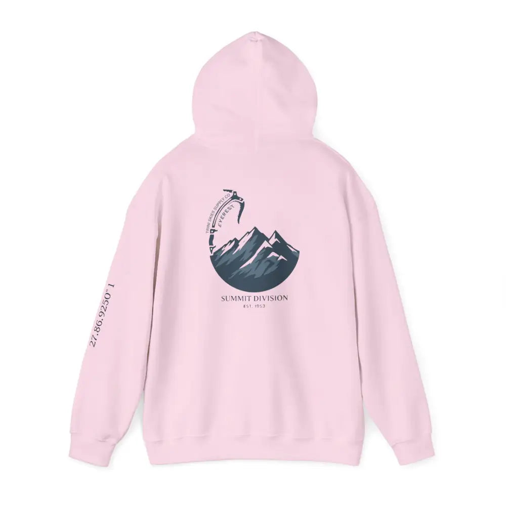 Light pink Everest Hoodie in Glacier Edition with mountain ice axe graphic