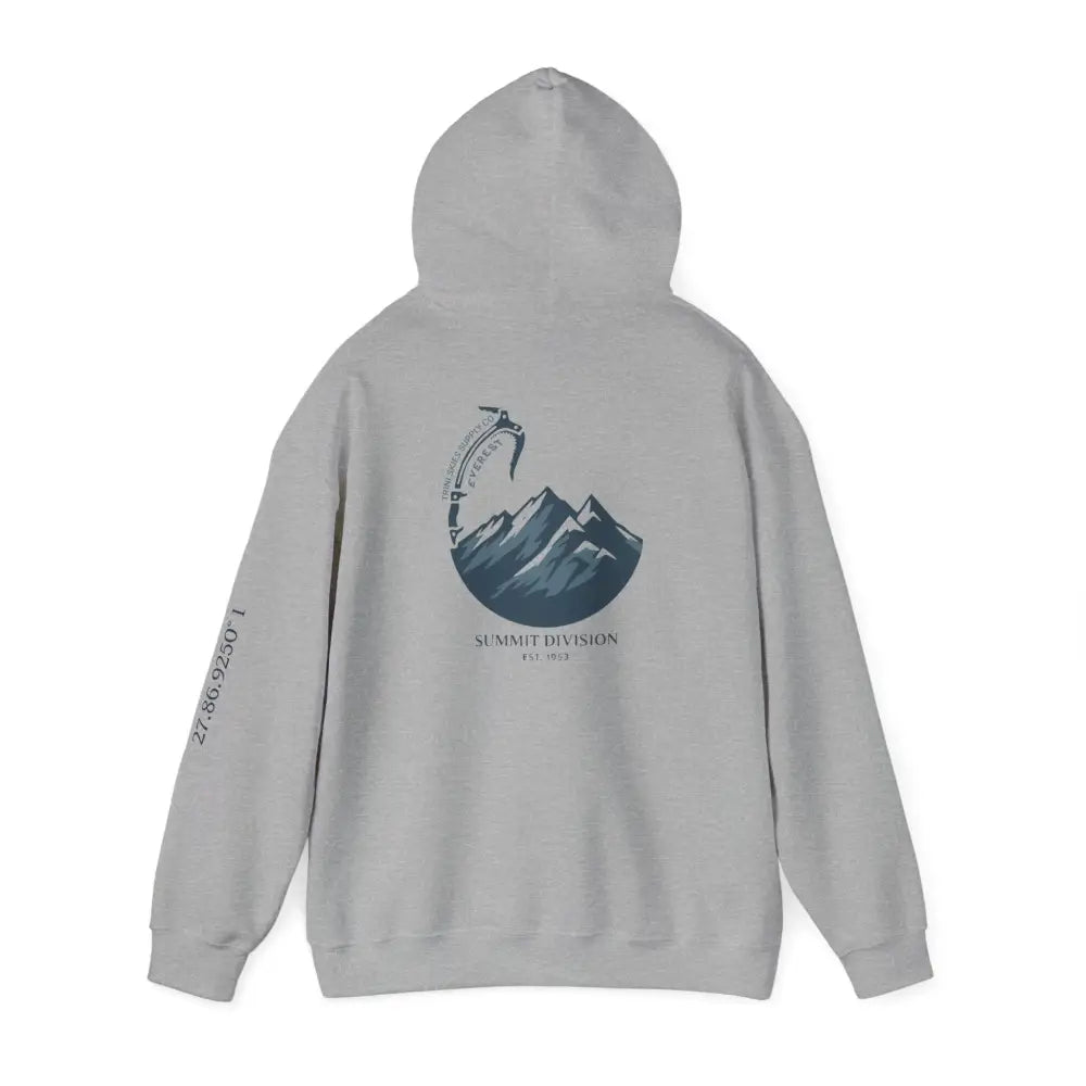 Light gray Everest Hoodie Glacier Edition with mountain ice axe graphic