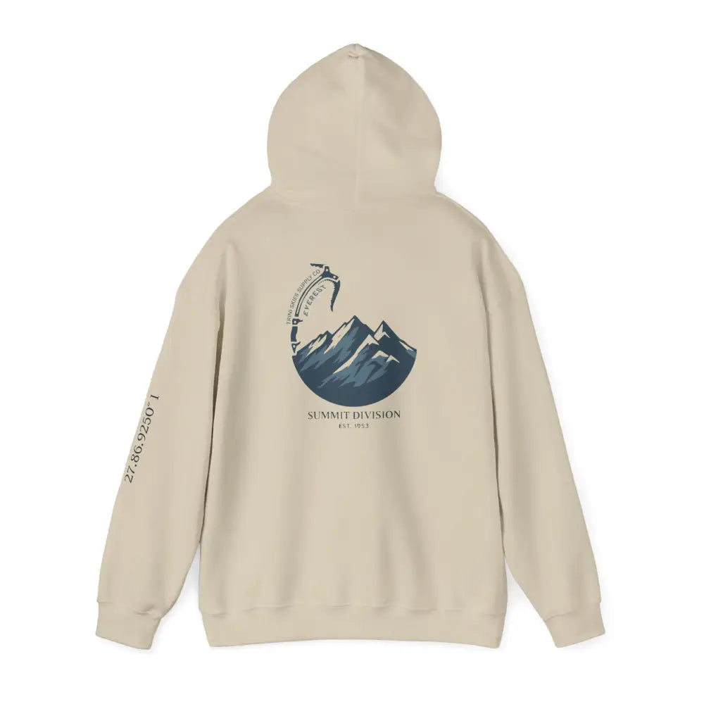 Beige Everest Hoodie in Glacier Edition with mountain ice axe graphic