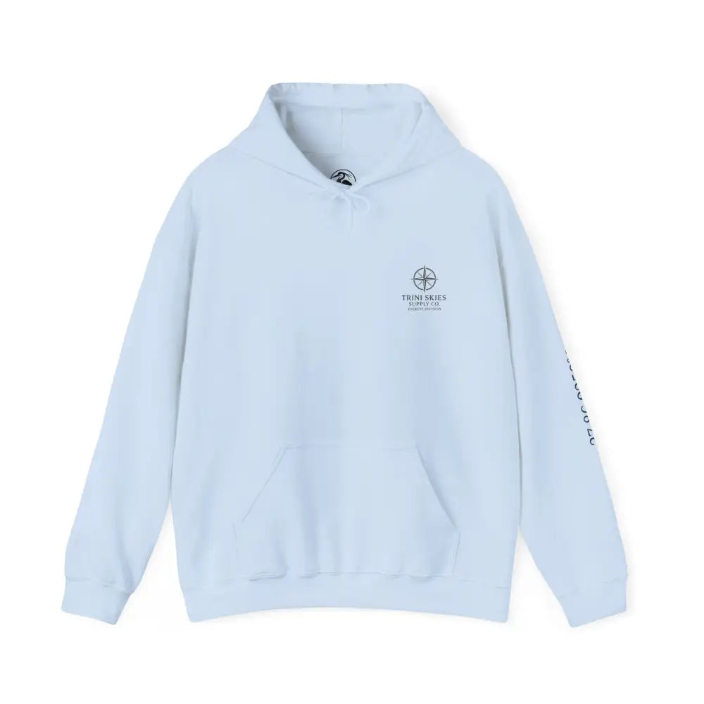 Light blue Everest Hoodie in Glacier Edition with chest graphic and sleeve text