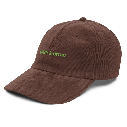 Glitch & Grow Embroidered Vintage Corduroy Cap Trendy Y2K Aesthetic Cybercore Digital Growth - Hats brown corduroy