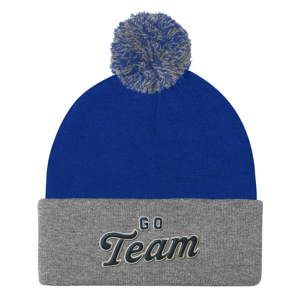 Blue and grey embroidered pom-pom beanie cozy winter hat