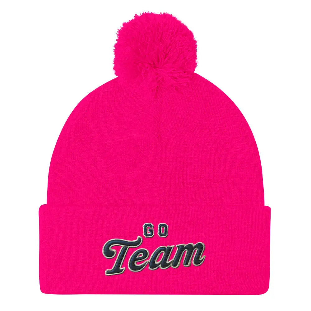Bright pink Go Team embroidered pom-pom beanie, cozy winter hat