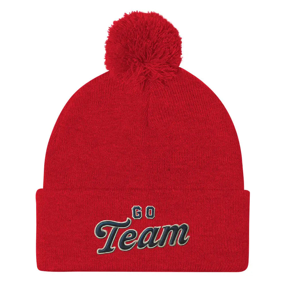 Red Go Team embroidered pom-pom beanie cozy winter hat