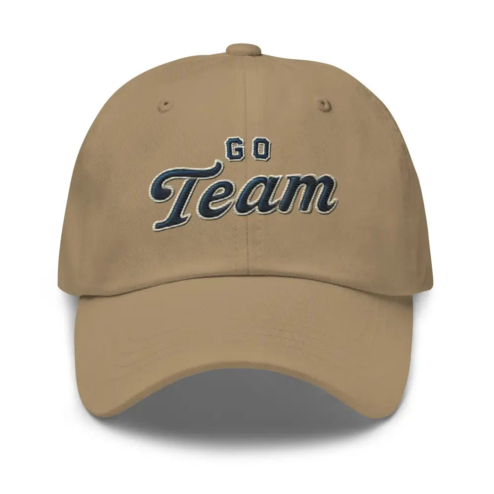 Trini Skies sporty embroidered dad hat with GO Team on tan cap