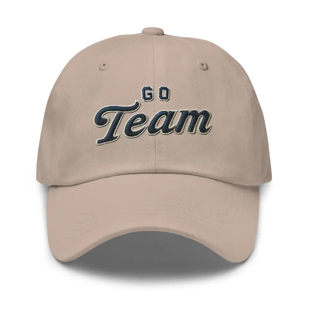 Trini Skies sporty embroidered dad hat with Go Team tan cap