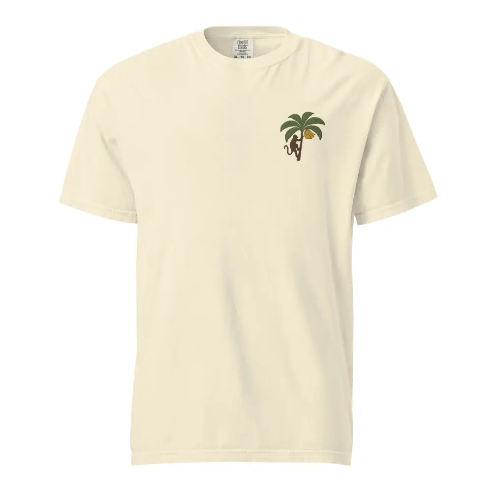 Off-white comfort colors tee with embroidered monkey climbing palm tree