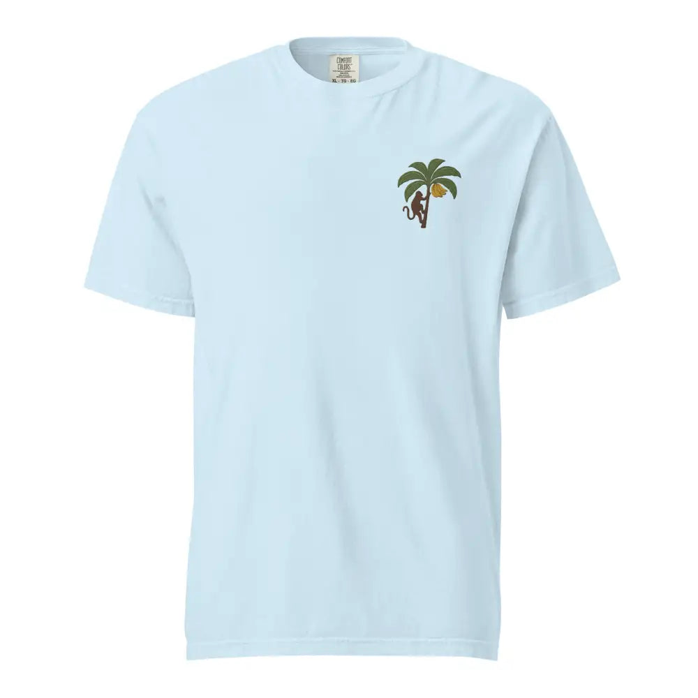Light blue Comfort Colors tee with monkey and palm tree graphic