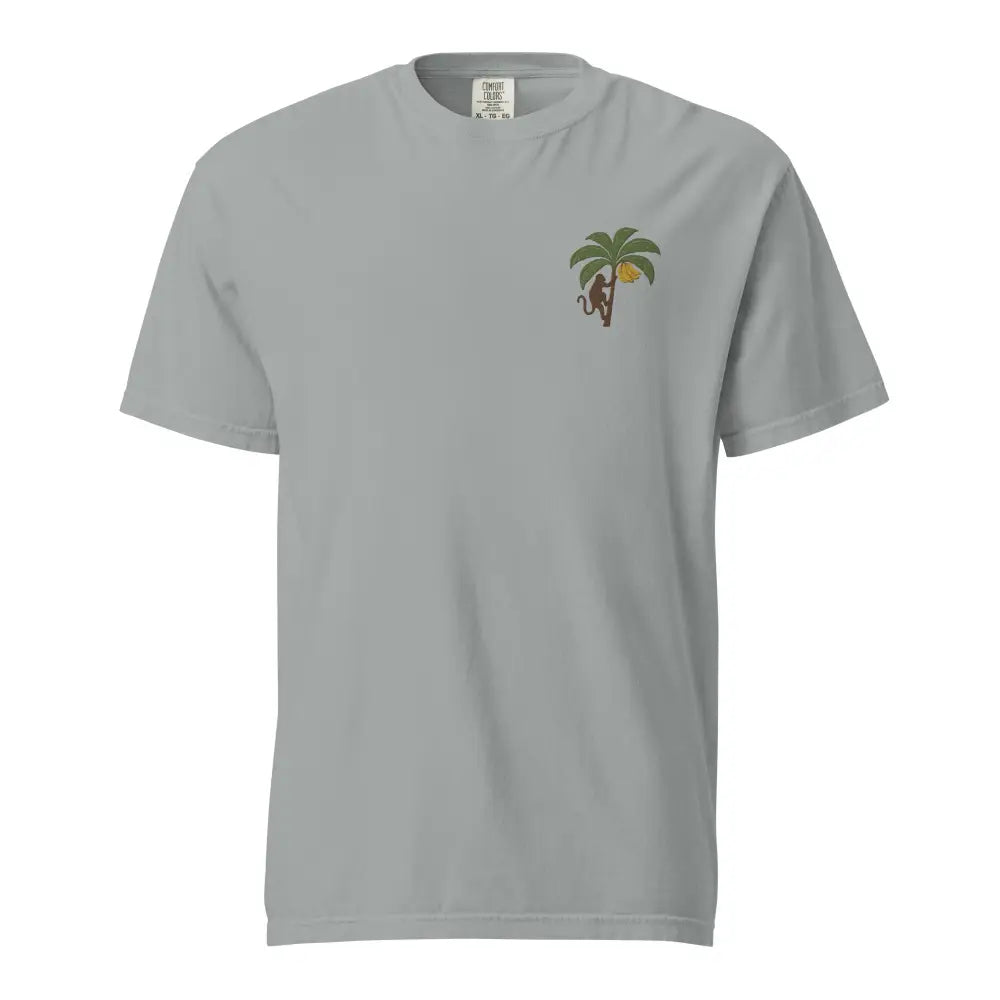 Light gray Comfort Colors tee with embroidered palm tree monkey design