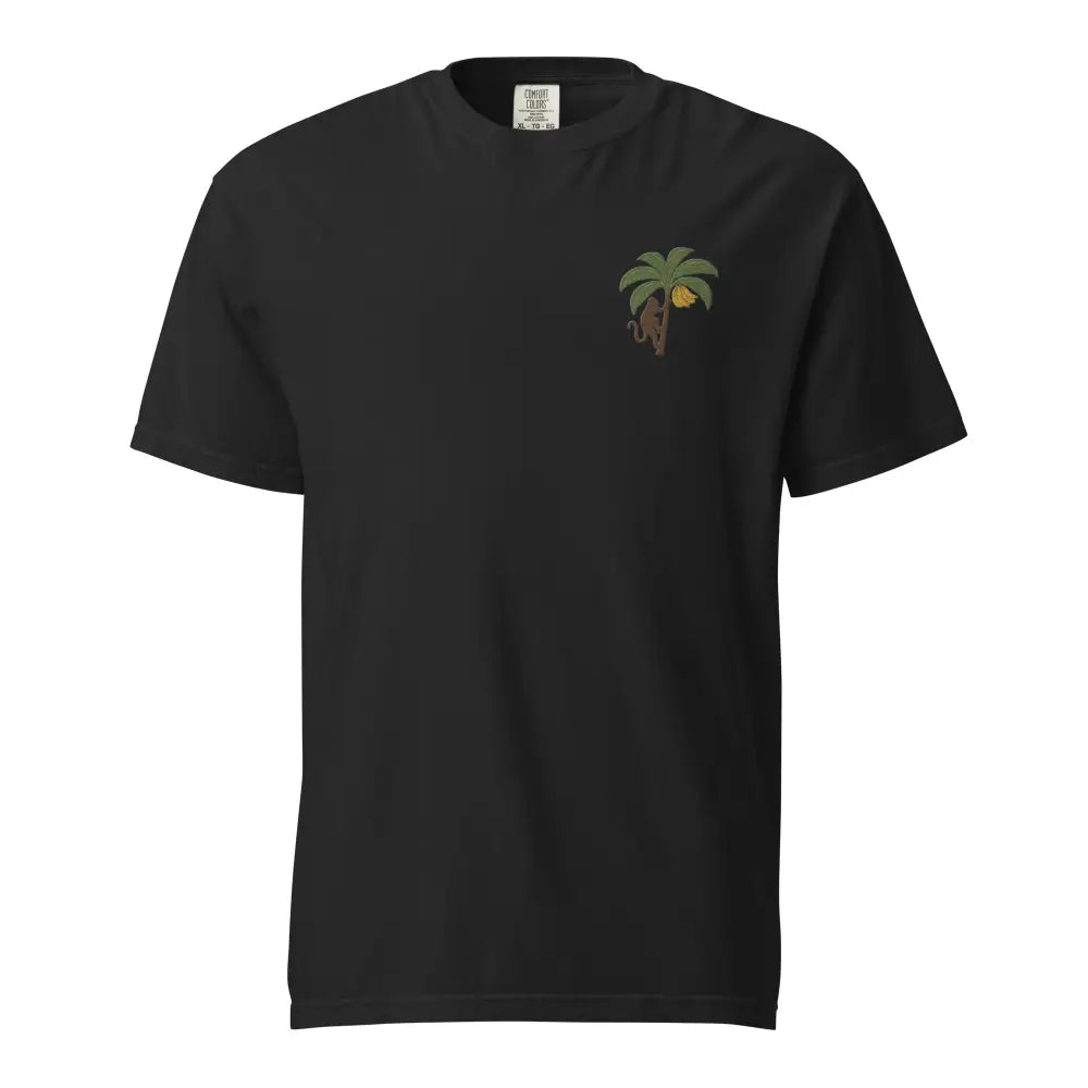 Black short-sleeved comfort colors tee with palm tree and monkey graphic