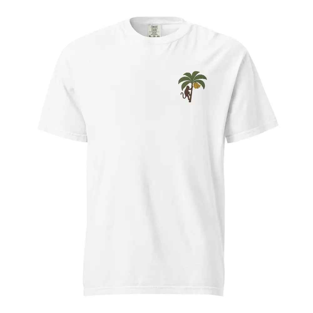 White monkey on palm tree graphic on Comfort Colors ring-spun cotton tee
