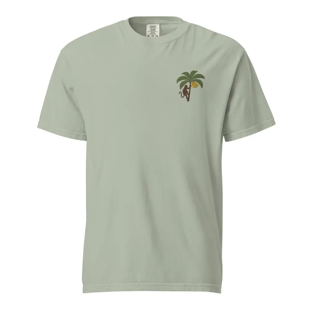Light green Comfort Colors tee with embroidered monkey on palm tree