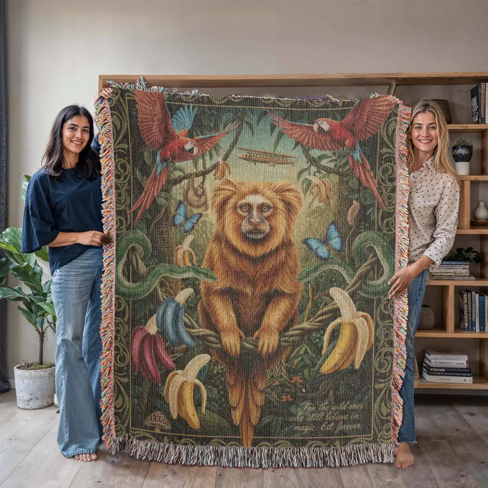 Golden lion tamarin heirloom woven cotton blanket with monkeys and parrots