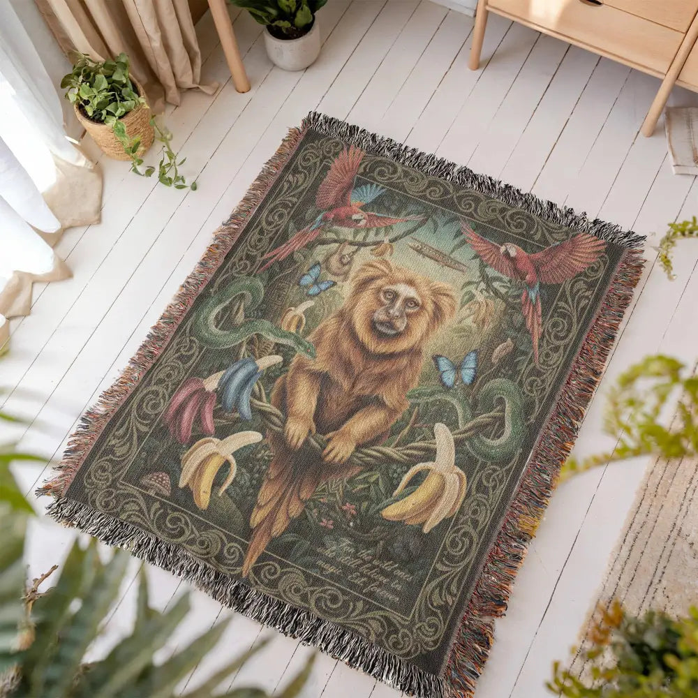 Golden lion tamarin heirloom woven cotton blanket with monkey and wildlife