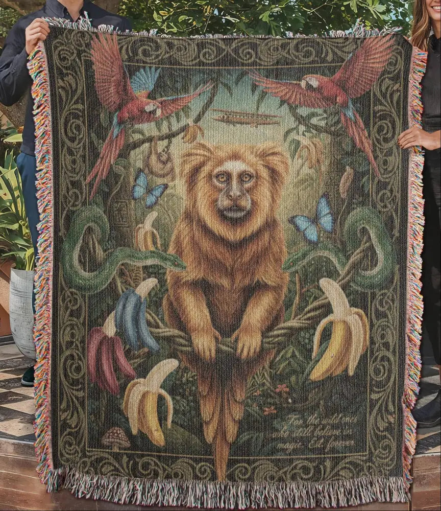 Golden lion tamarin heirloom woven cotton blanket with monkey and parrots