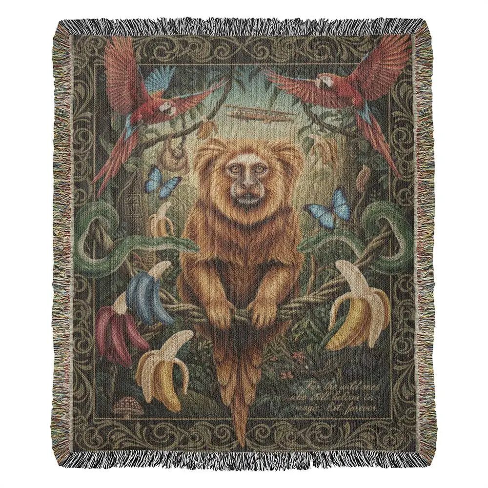 Golden lion tamarin on heirloom woven cotton blanket in jungle scene