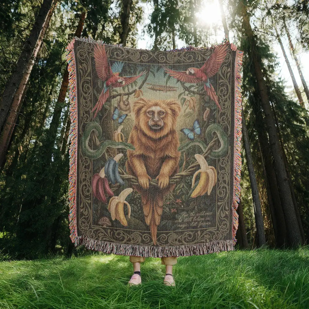 Golden lion tamarin heirloom woven cotton blanket with lion and wildlife